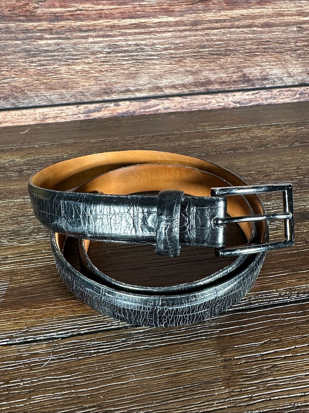 Remo Tulliani Men's Black Calfskin Leather Belt with Rectangular Buckle